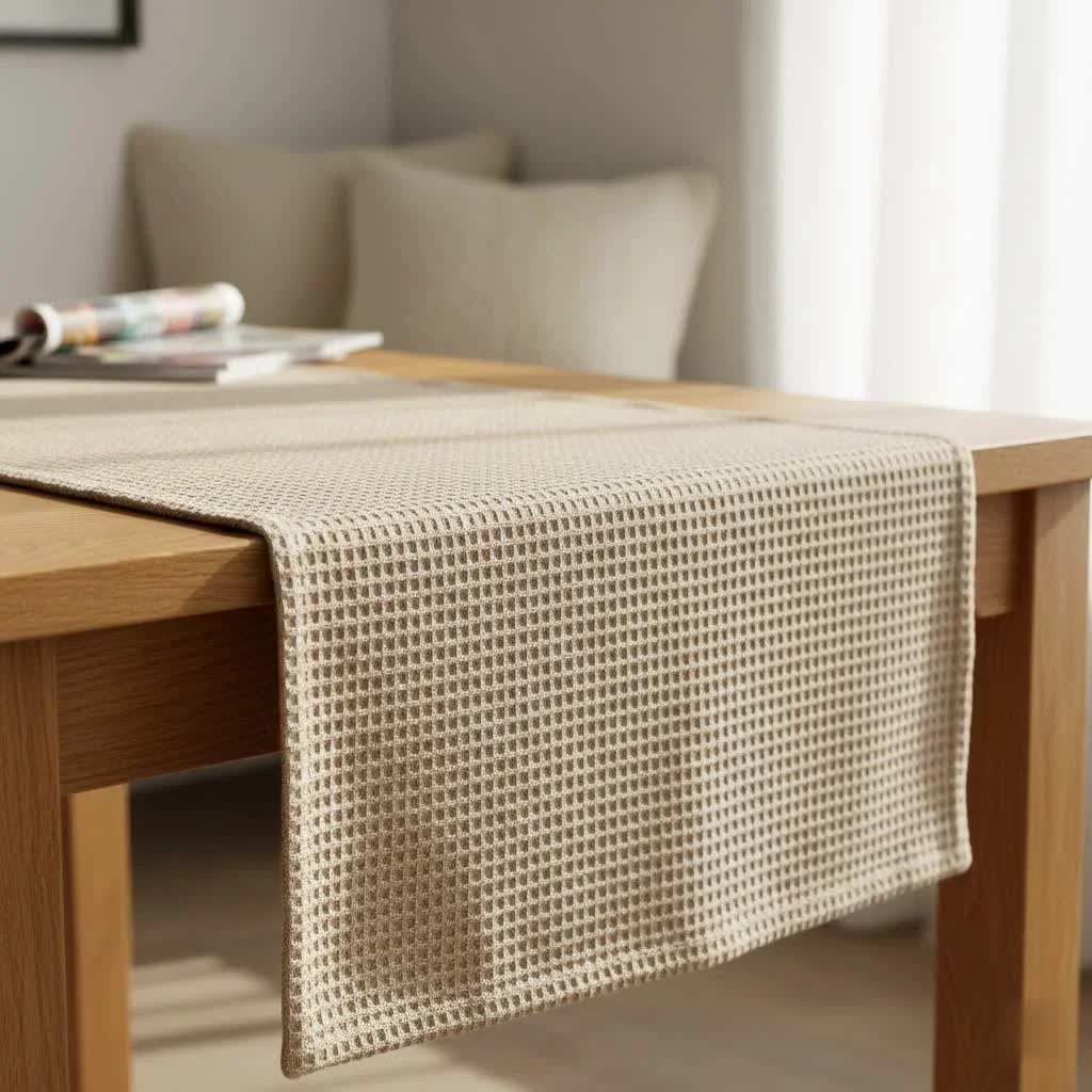 Rectangular white tablecloth on a dining table